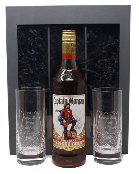 Personalised Pair of Crystal Highball Glasses & 70cl Captain Morgan Spiced Rum