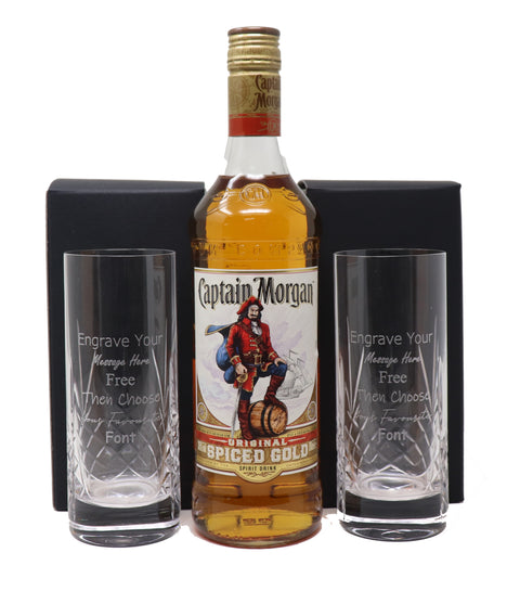 Personalised Pair of Crystal Highball Glasses & 70cl Captain Morgan Spiced Rum