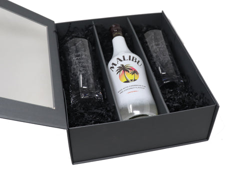 Personalised Pair of Crystal Highball Glasses & 70cl Malibu