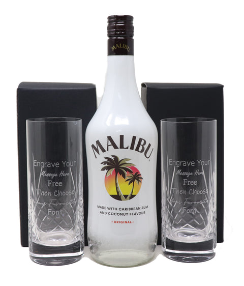 Personalised Pair of Crystal Highball Glasses & 70cl Malibu