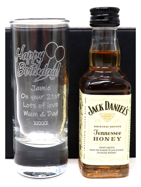 Personalised Tall Shot Glass & Miniature Alcohol - Birthday Design