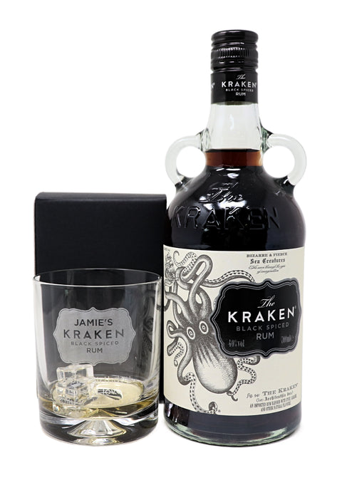 Personalised Glass Tumbler & 70cl Kraken Black Spiced Rum - Label Design