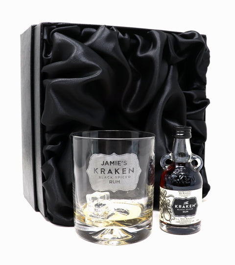 Personalised Kraken Label Rum Glass Tumbler & Miniature Rum Gift Set