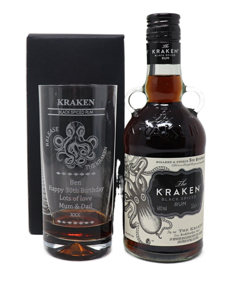 Personalised Kraken Octopus Highball Glass & 35cl Kraken Rum Gift Set