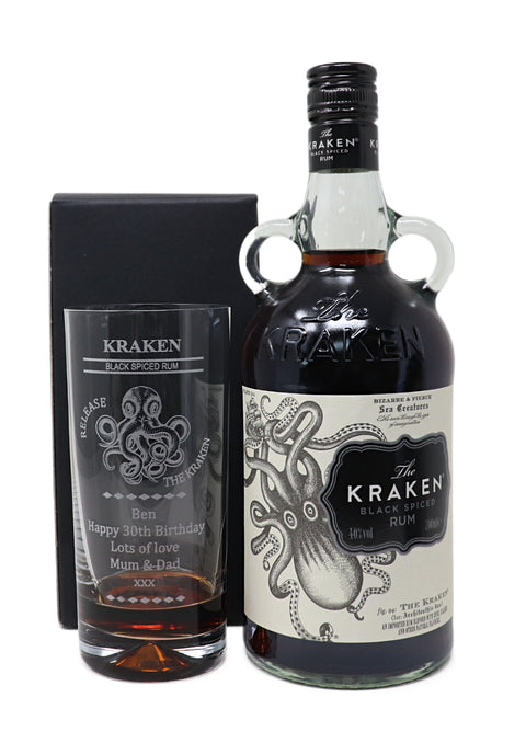 Personalised Highball Glass & 70cl Kraken Rum- Octopus/Beast Design