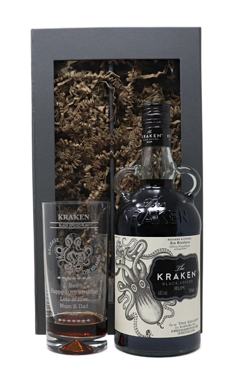 Personalised Highball Glass & 70cl Kraken Rum- Octopus/Beast Design