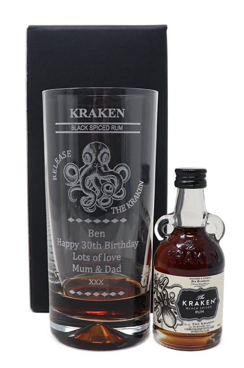 Personalised Kraken Octopus Rum Highball Glass & Miniature Rum Gift Set