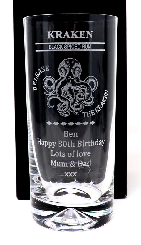 Personalised Highball Glass & 70cl Kraken Rum- Octopus/Beast Design