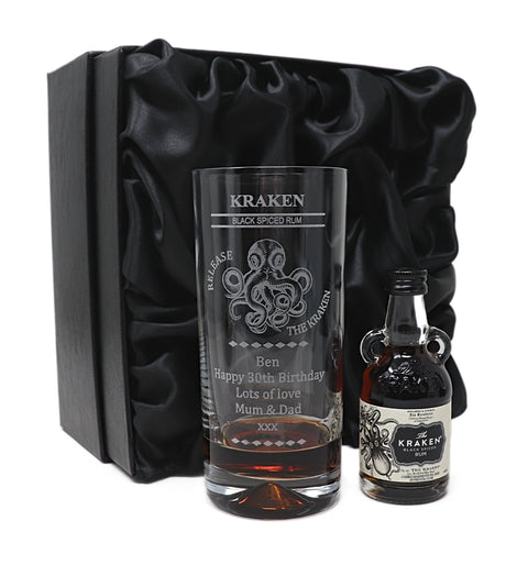 Personalised Kraken Octopus Rum Highball Glass & Miniature Rum Gift Set