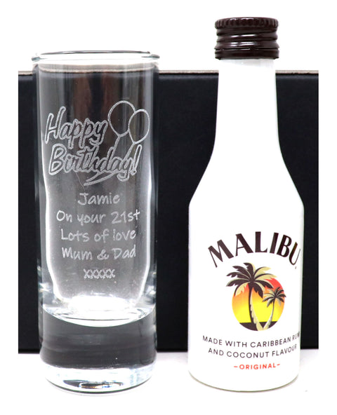 Personalised Tall Shot Glass & Miniature Alcohol - Birthday Design