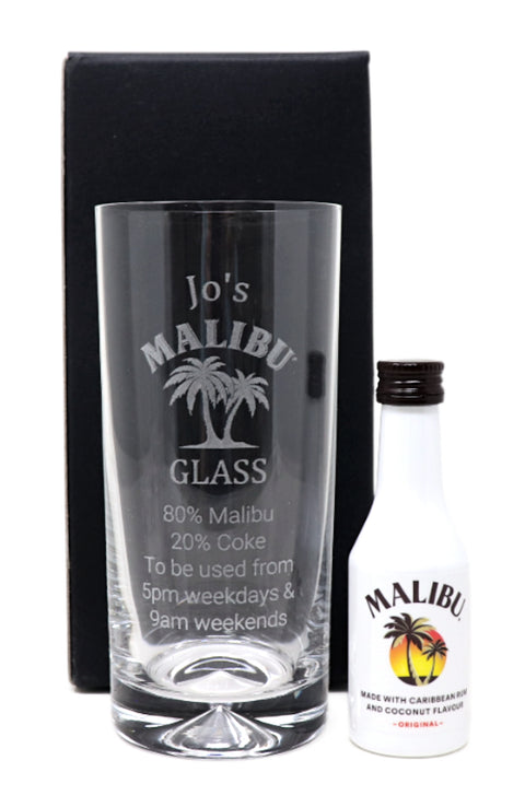 Personalised Engraved Highball Glass & Miniature Alcohol Gift Set - Malibu % Design