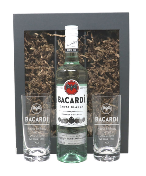 Personalised Pair of Highball Glasses & 70cl Bacardi - Label Design