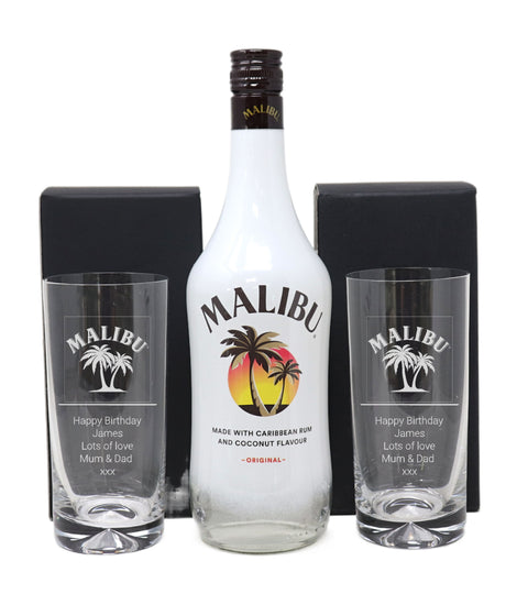 Personalised Pair of Highball Glasses & 70cl Malibu - Label Design