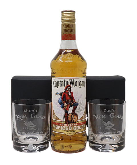 Personalised Pair of Glass Tumblers & 70cl Captain Morgan Spiced - Rum Design