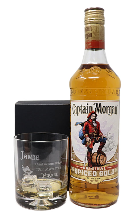 Personalised Glass Tumbler & 70cl Captain Morgan - Pirate Rum Design