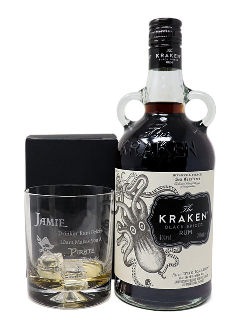 Personalised Glass Tumbler & 70cl Kraken - Pirate Rum Design