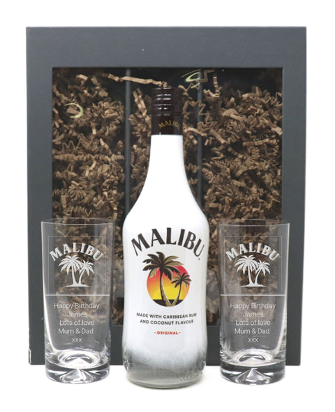 Personalised Pair of Highball Glasses & 70cl Malibu - Label Design