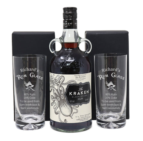 Personalised Pair of Highball Glasses & 70cl Kraken - Rum % Design