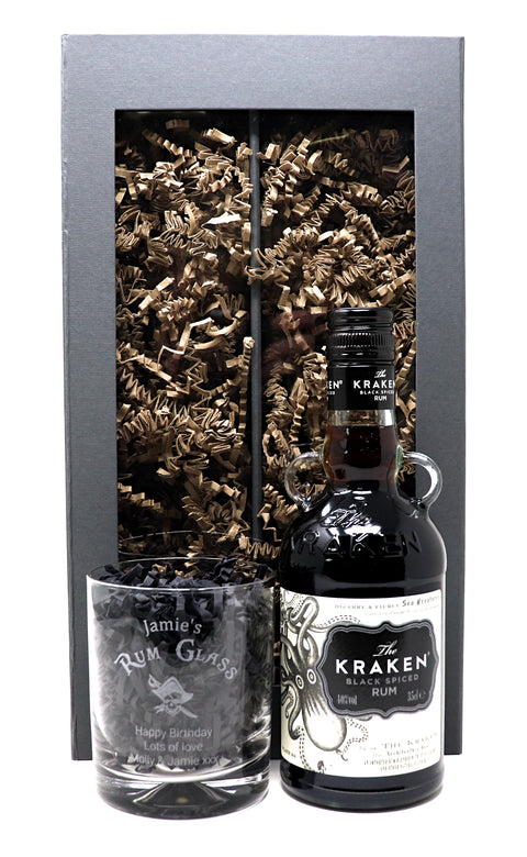 Personalised Rum Glass Tumbler & 35cl Bottle of Kraken Gift Set