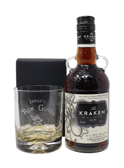 Personalised Rum Glass Tumbler & 35cl Bottle of Kraken Gift Set