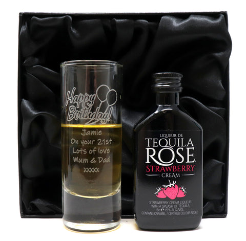 Personalised Tall Shot Glass & Miniature In Silk Gift Box - Birthday Design