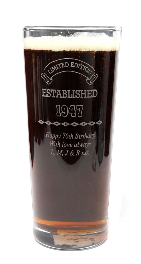 Personalised Engraved Pint Glass - Birthday Established Design