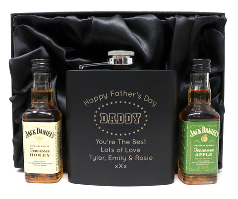 Personalised Black Hip Flask & Miniature - Father's Day Design