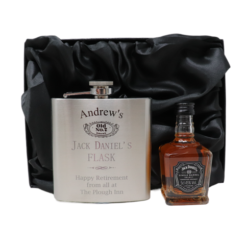 Personalised Silver Hip Flask & Miniature Alcohol - Jack Daniels Design