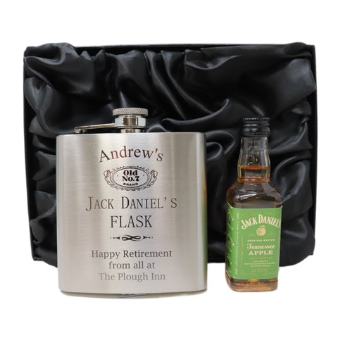 Personalised Silver Hip Flask & Miniature Alcohol - Jack Daniels Design