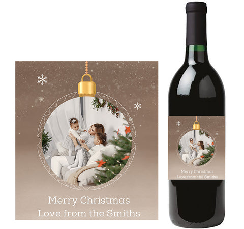 Personalised Wine Bottle Label - Christmas Bauble Photo Design