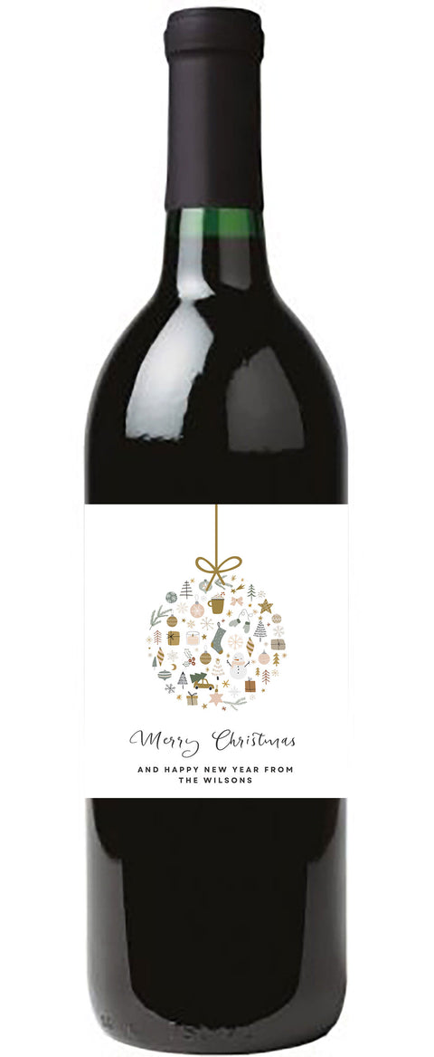 Personalised Wine Bottle Label - Christmas Bauble Scene Design