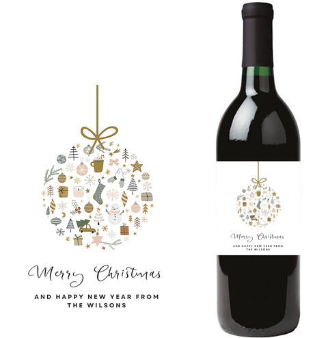 Personalised Wine Bottle Label - Christmas Bauble Scene Design