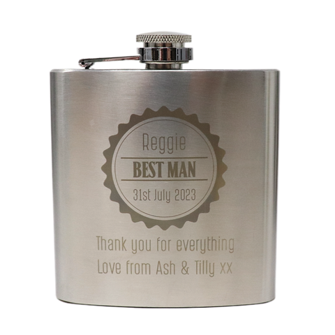 Personalised Silver Hip Flask - Best Man Wedding Badge Design