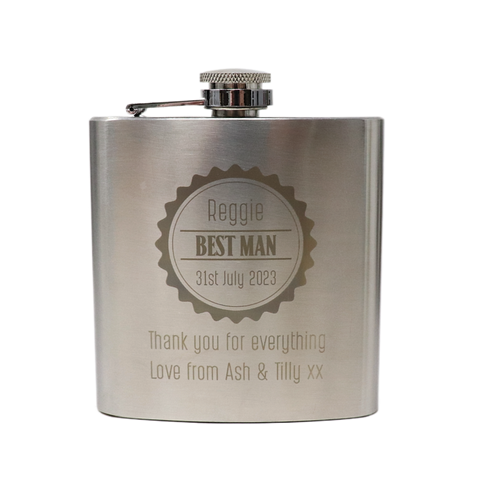 Personalised Silver Hip Flask - Best Man Wedding Badge Design