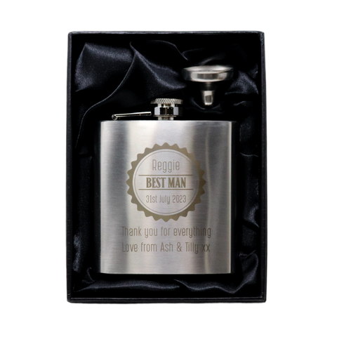 Personalised Silver Hip Flask - Best Man Wedding Badge Design