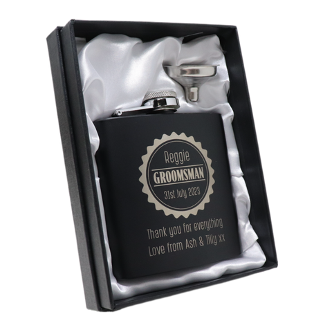 Personalised Black Hip Flask - Best Man Wedding Badge Design