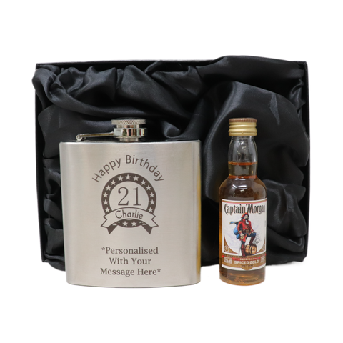 Personalised Silver Hip Flask & Miniature Alcohol - Birthday Design