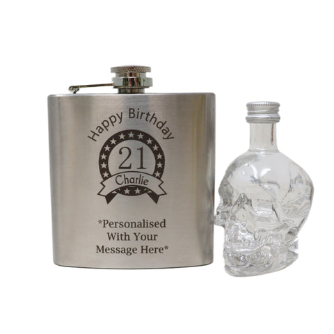 Personalised Silver Hip Flask & Miniature Alcohol - Birthday Design