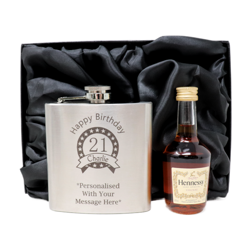 Personalised Silver Hip Flask & Miniature Alcohol - Birthday Design