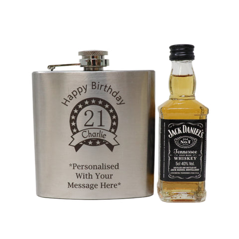 Personalised Silver Hip Flask & Miniature Alcohol - Birthday Design
