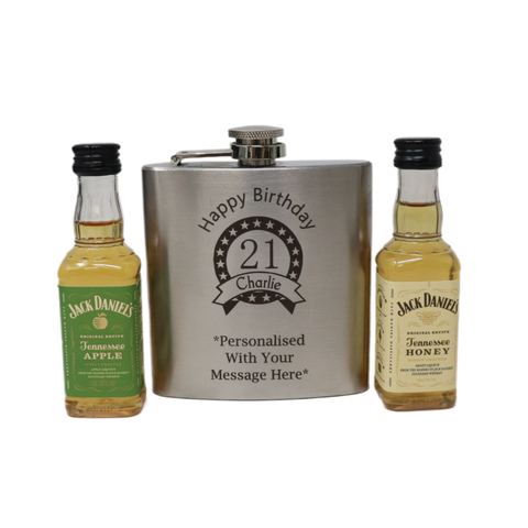 Personalised Silver Hip Flask & Miniature Alcohol - Birthday Design
