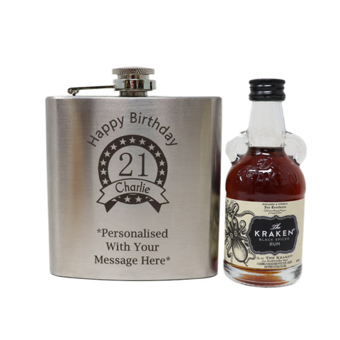 Personalised Silver Hip Flask & Miniature Alcohol - Birthday Design