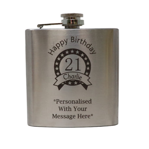 Personalised Silver Hip Flask - Birthday Design