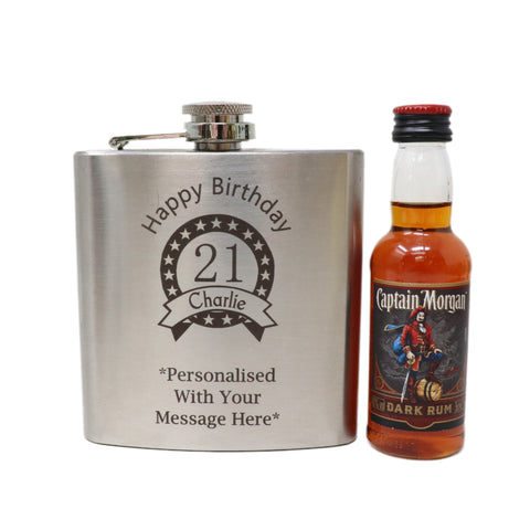 Personalised Silver Hip Flask & Miniature Alcohol - Birthday Design