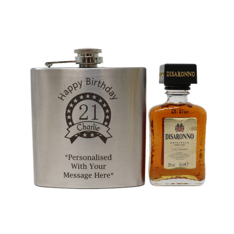 Personalised Silver Hip Flask & Miniature Alcohol - Birthday Design