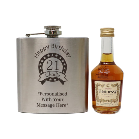 Personalised Silver Hip Flask & Miniature Alcohol - Birthday Design