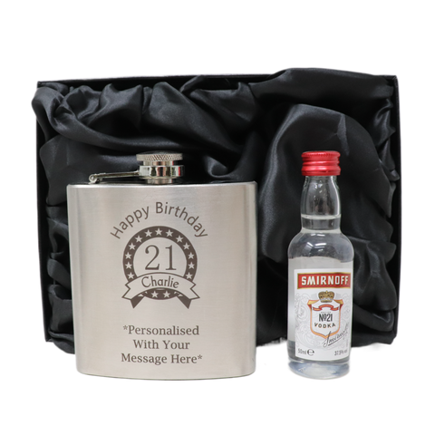 Personalised Silver Hip Flask & Miniature Alcohol - Birthday Design