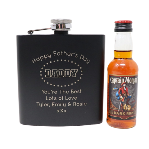 Personalised Black Hip Flask & Miniature - Father's Day Design