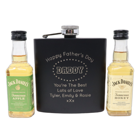 Personalised Black Hip Flask & Miniature - Father's Day Design