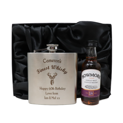 Personalised Silver Hip Flask & Miniature Alcohol - Finest Whisky Design